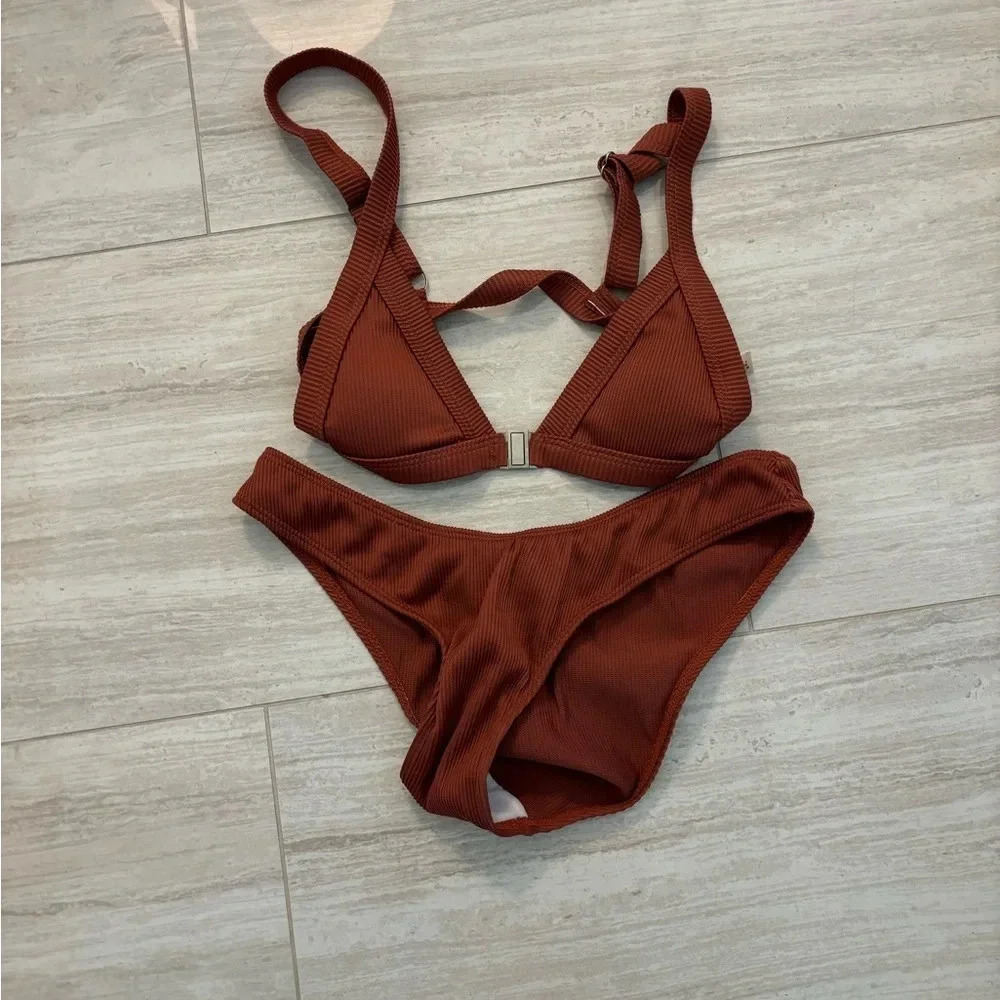 Zaful Women’s Red Brown Triangle Ribbed Bikini Swim Size S
